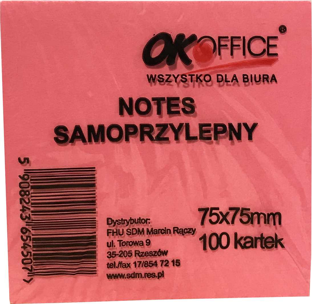 Kostka samoprzylepna 75x75 mm OK Office różowa, 100 kartek do notatek.