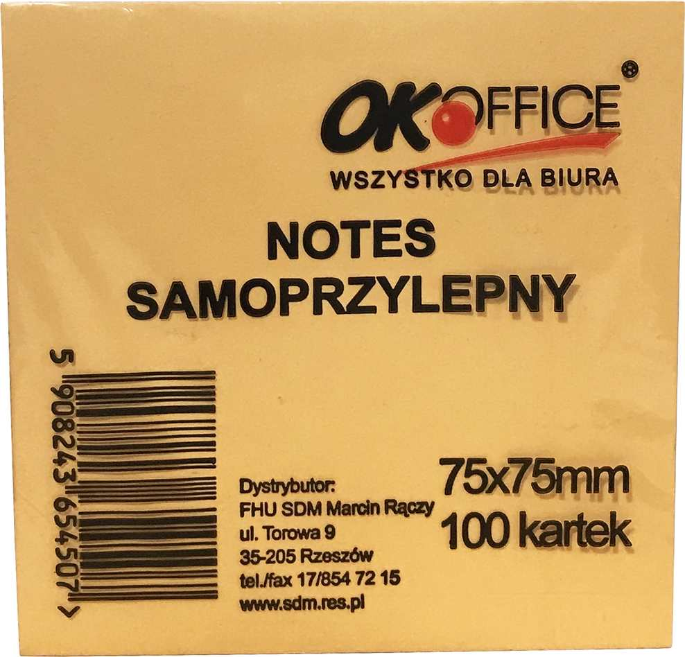 Kostka samoprzylepna OK Office 75x75 mm żółta, 100 kartek do notatek