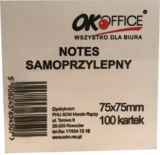 Kostka biurowa samoprzylepna doskonała jest do notowania informacji.
Rozmiar: (75x75mm), bloczek zawiera 100 kolorowych kartek.