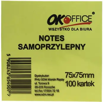 Kostka samoprzylepna OK Office 75x75 mm limonkowa, 100 kartek do notatek