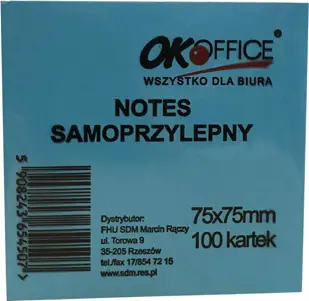 Kostka samoprzylepna OK Office 75x75 mm niebieska, 100 kartek do notatek