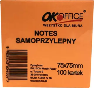 Kostka samoprzylepna OK Office 75x75 mm pomarańczowa, 100 kartek do notatek.