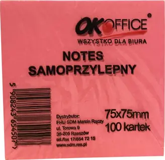 Kostka samoprzylepna 75x75 mm OK Office różowa, 100 kartek do notatek.