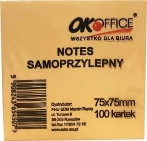 Kostka samoprzylepna OK Office 75x75 mm żółta, 100 kartek do notatek