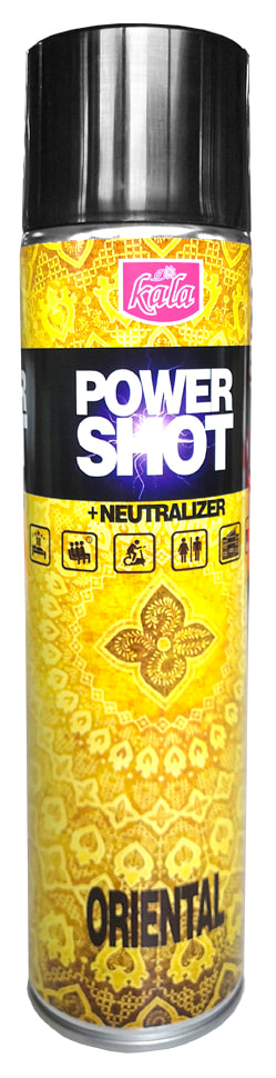 Odświeżacz Kala Power Shot Oriental 600ml w aerozolu ze złotą etykietą i czarnym wieczkiem.