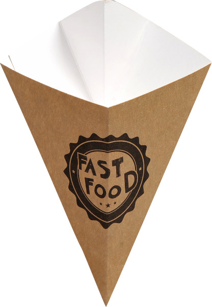 Nowoczesne i stabilne opakowanie na frytki z rozkładanym narożem do majonezu, keczupu i innych sosów. Wykonane z kartonikaw kolorze kraftowym na zewnatrz oraz kolorze białym wewnatrz, biodegradowalne, odporne na tłuszcz - nie nadaje sie do płynnej żywn...