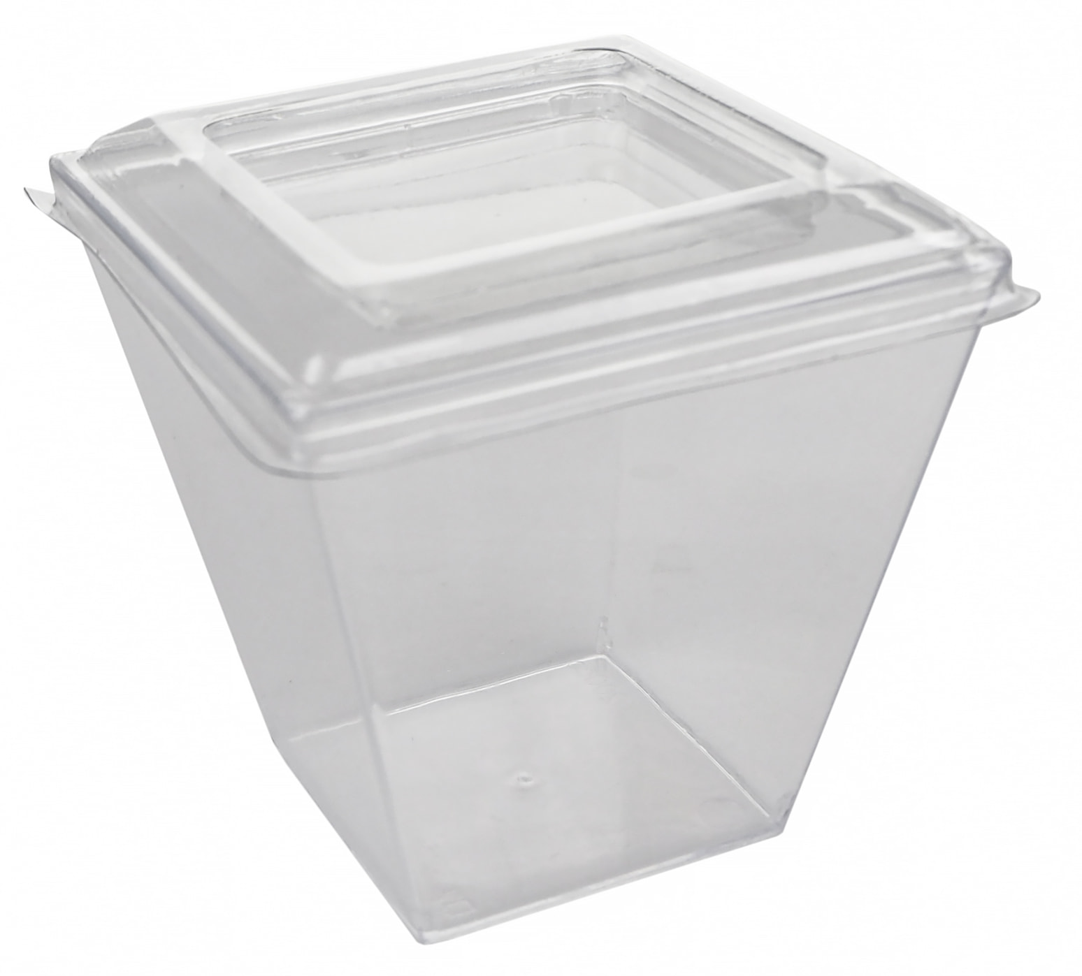 Kubek FINGERFOOD PS 200ml prostokątny 7x7x6,5cm z przezroczystą pokrywką do serwowania przekąsek.