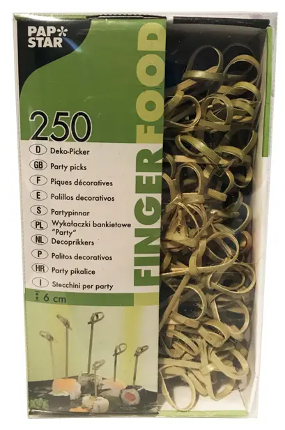 Dekoracyjne patyczki do żywności, doskonale urozmaicą podawane przystawki i potrawy.

Długość: 6cm Opakowanie zawiera: 250 szt.