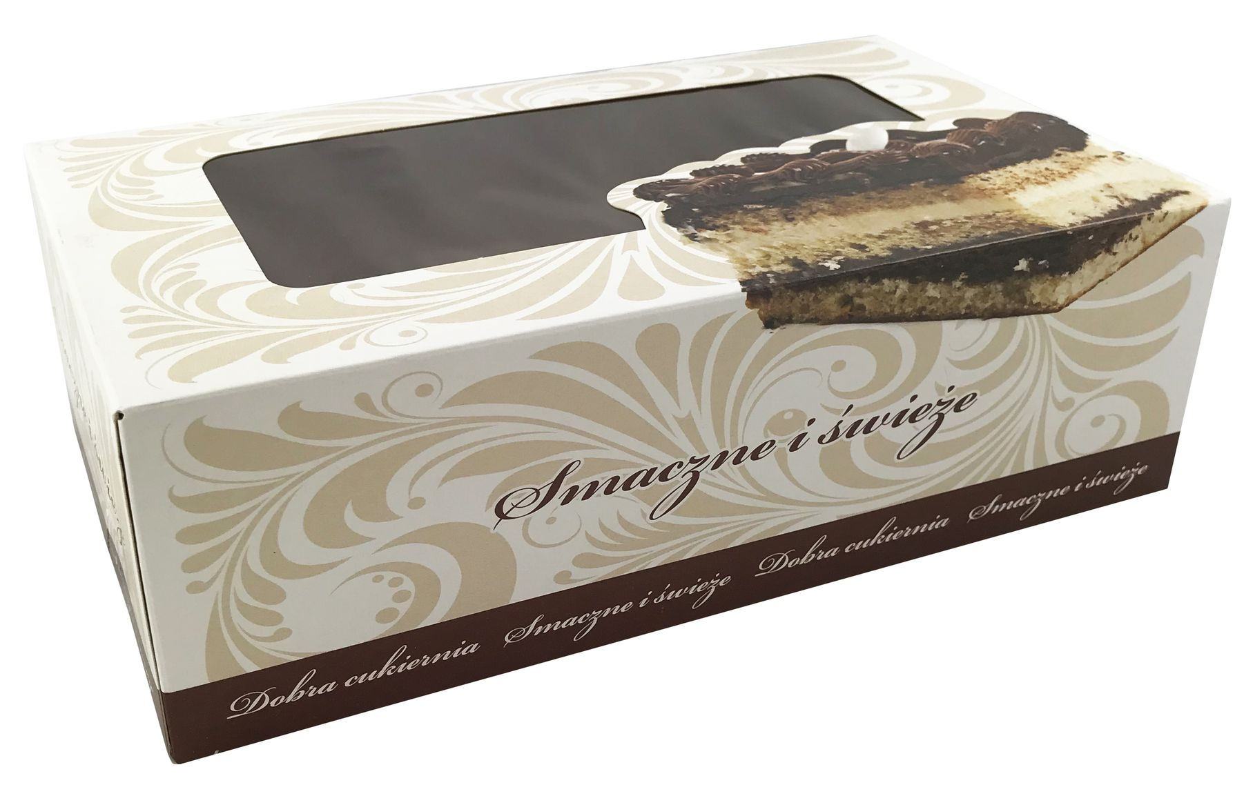 Karton na tort 25x15x8 cm jednoczęściowy z okienkiem, białe pudełko z ornamentami