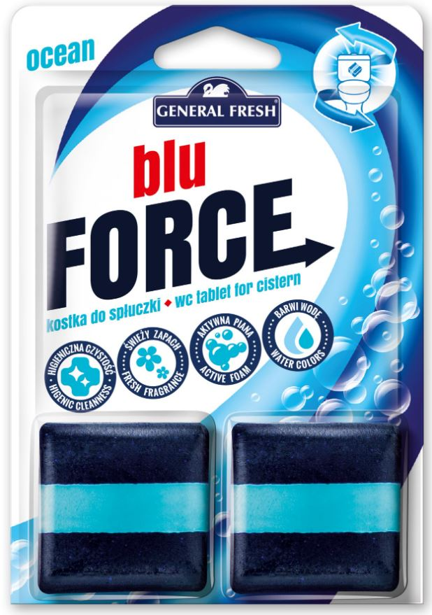 Kostka do spłuczki General Fresh blu FORCE 2x50g zapach ocean, dwupak w niebieskim opakowaniu