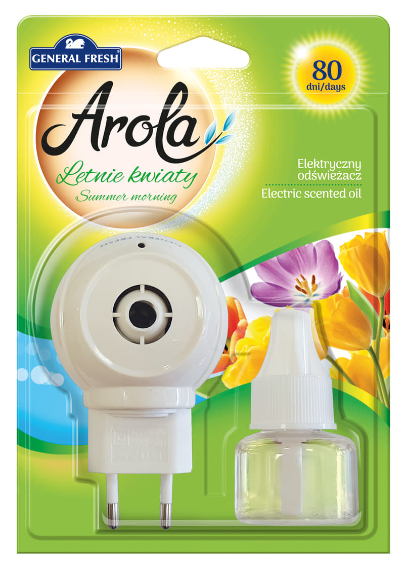 Odświeżacz General Fresh ELEKTRYCZNY urządzenie - letnie kwiaty 25ml Elektryczny odświeżacz General Fresh Arola letnie kwiaty 25ml z urządzeniem i wkładem zapachowym.