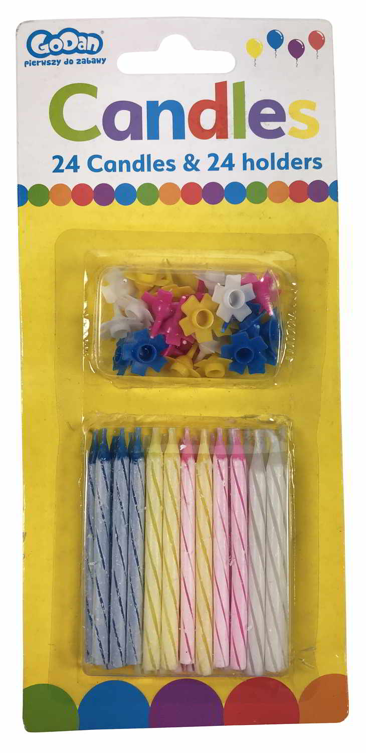 Świeczki urodzinowe. Wysokość świeczki to 6 cm. Wysokość świeczki z podstawką to 9 cm.

Ilość: 24szt.