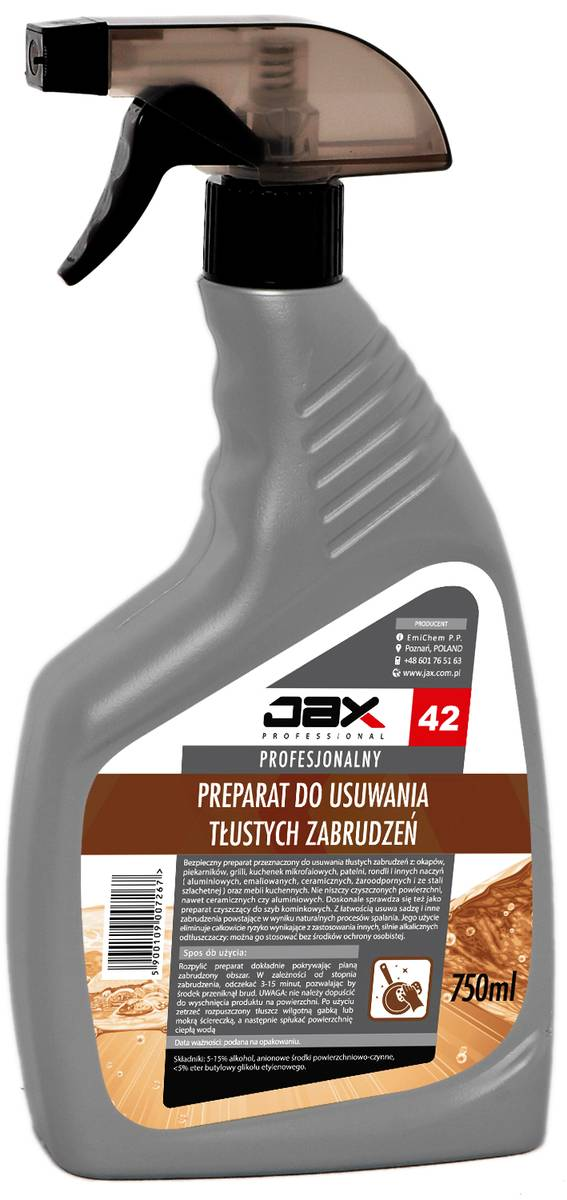 JAX Płyn na tłuste zabrudzenia 42 750ml spray na okapy, piekarniki, naczynia meble kuchenne Bezpieczny preparat do usuwania tłustych zabrudzeń i przypaleń. Eliminuje ryzyko wynikające z zastosowania odtłuszczaczy silnie alkalicznych, dzięki czemu nie wymaga stosowania środków ochrony osobistej. Doskonale sprawdza się jako preparat czyszczący ...