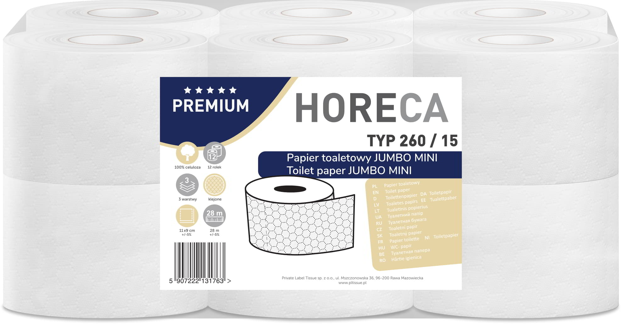 Papier toaletowy HORECA Premium Jumbo Mini 12 rolek 3 warstwowy 28 metrów białe opakowanie