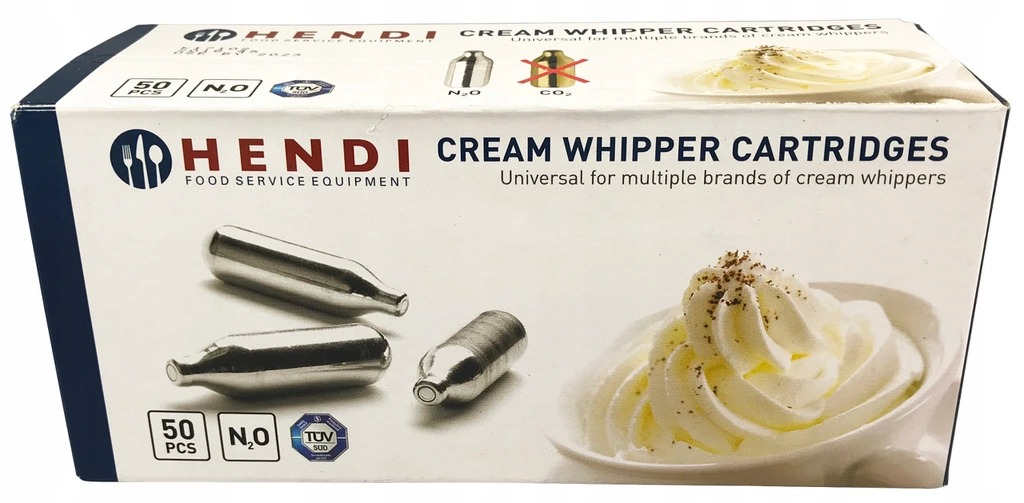 HENDI Naboje do bitej śmietany N2O 50szt Naboje marki HENDI posiadające atest gastronomi do syfornu na bitą śmietanę.
*Zawartość naboju: 8g podtelnku azotu (N2O)
*Przeznaczone do jednokrotnego użytku
*Średnica podstawy: 18 mm
*Średnica główki: 8 mm
*Długość całkowita: 66...