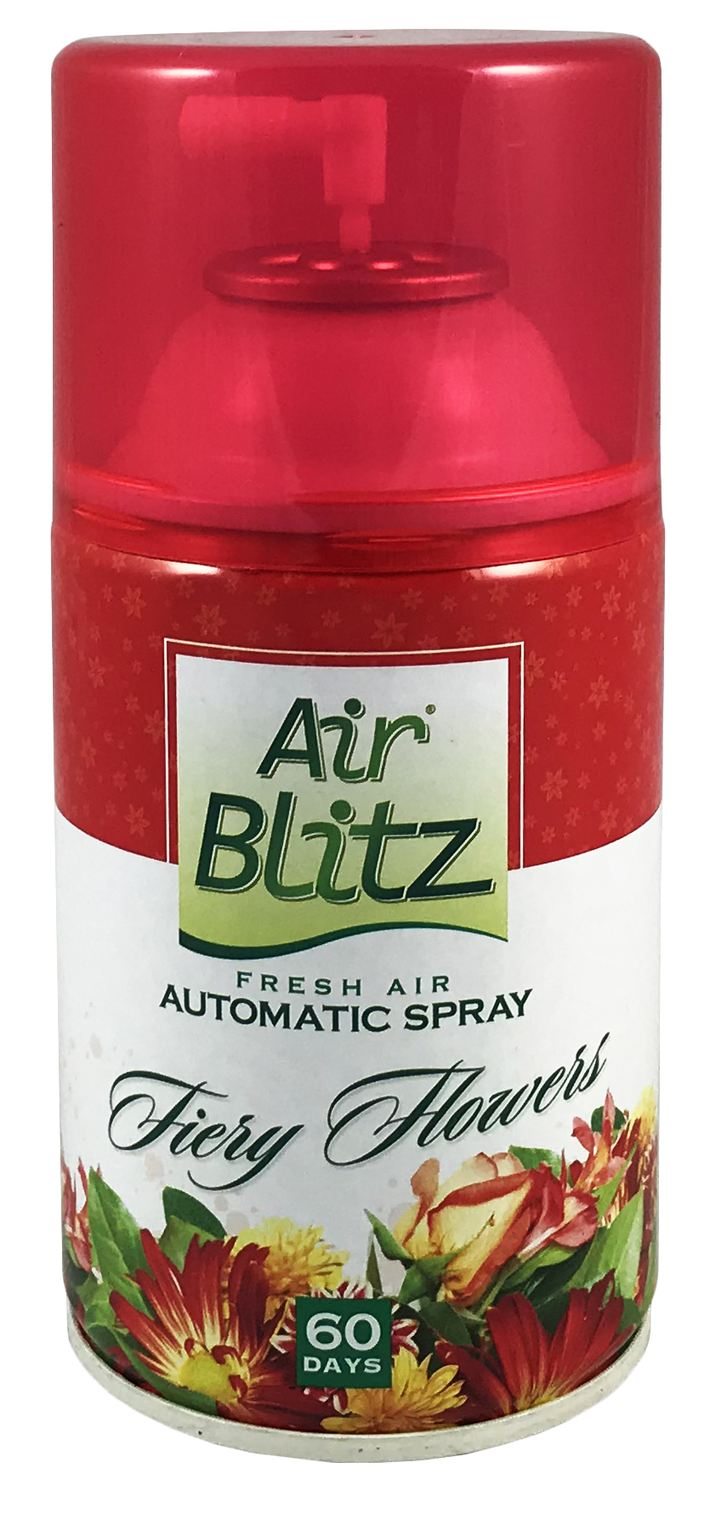 Odświeżacz Air Blitz 260ml puszka automatyczna Fiery Flower w kolorze czerwonym z etykietą kwiatową.