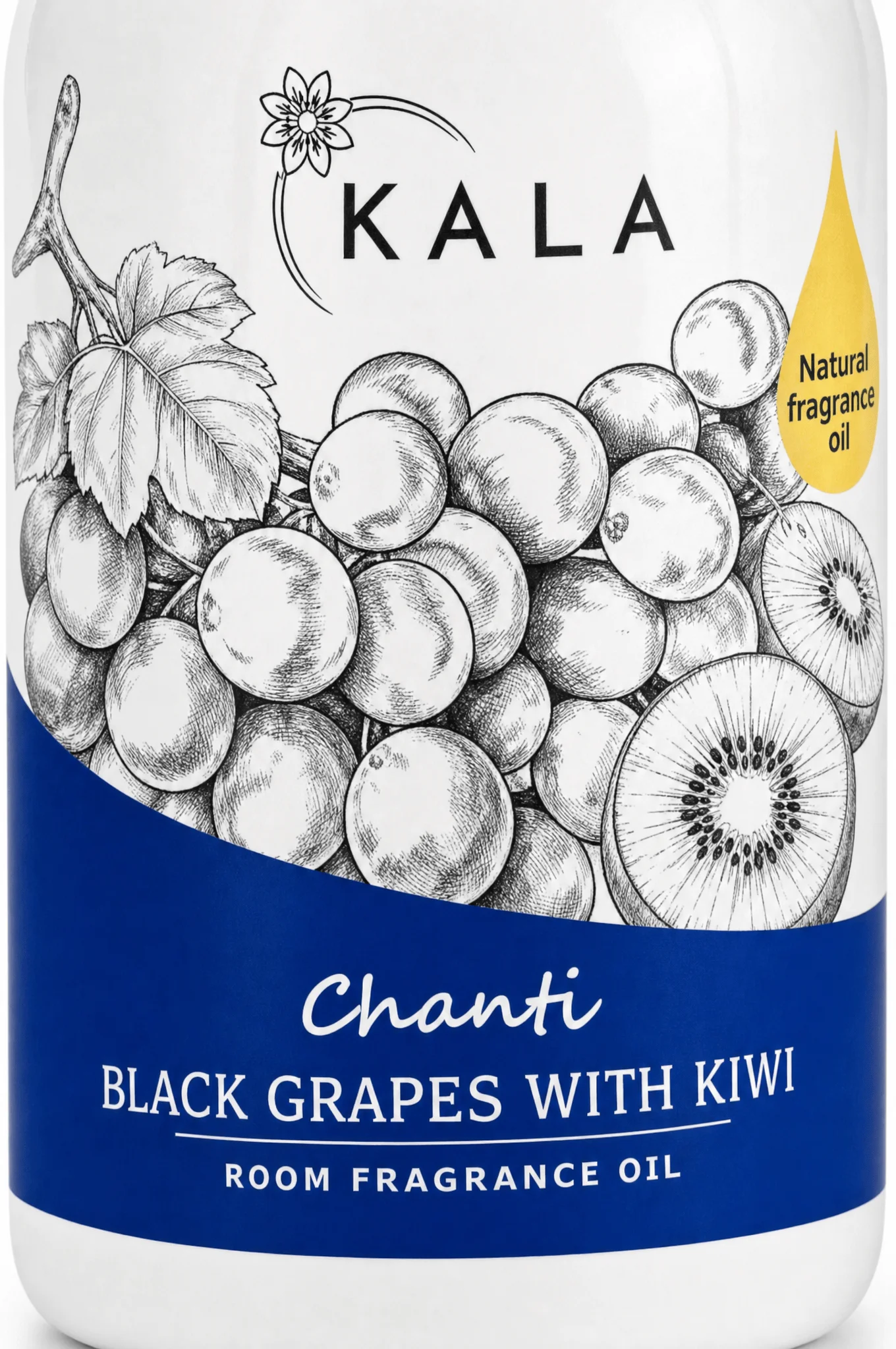 Opakowanie odświeżacza powietrza KALA Black Grapes with Kiwi, widok na etykietę z ilustracją winogron i kiwi na biały tle.