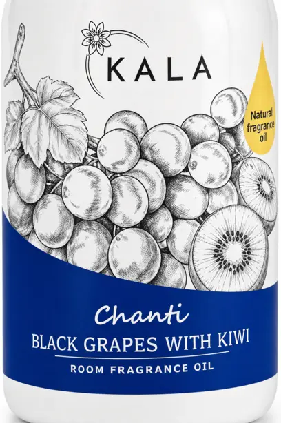 Opakowanie odświeżacza powietrza KALA Black Grapes with Kiwi, widok na etykietę z ilustracją winogron i kiwi na biały tle.