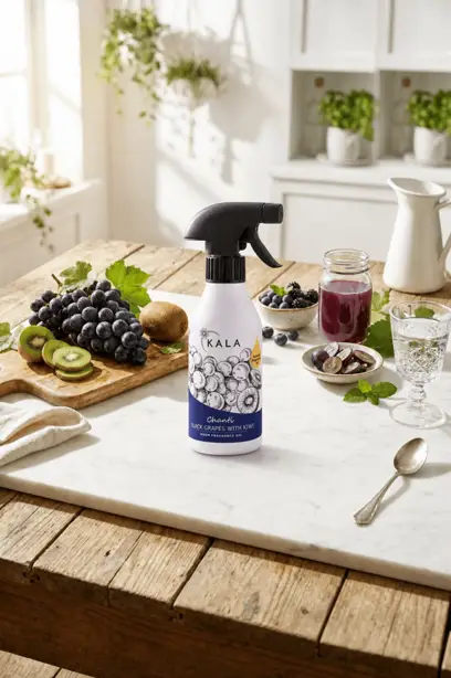 Odświeżacz powietrza KALA Grapes with kiwi na drewnianym blacie w kuchni obok winogron, kiwi i szklanek z napojami.