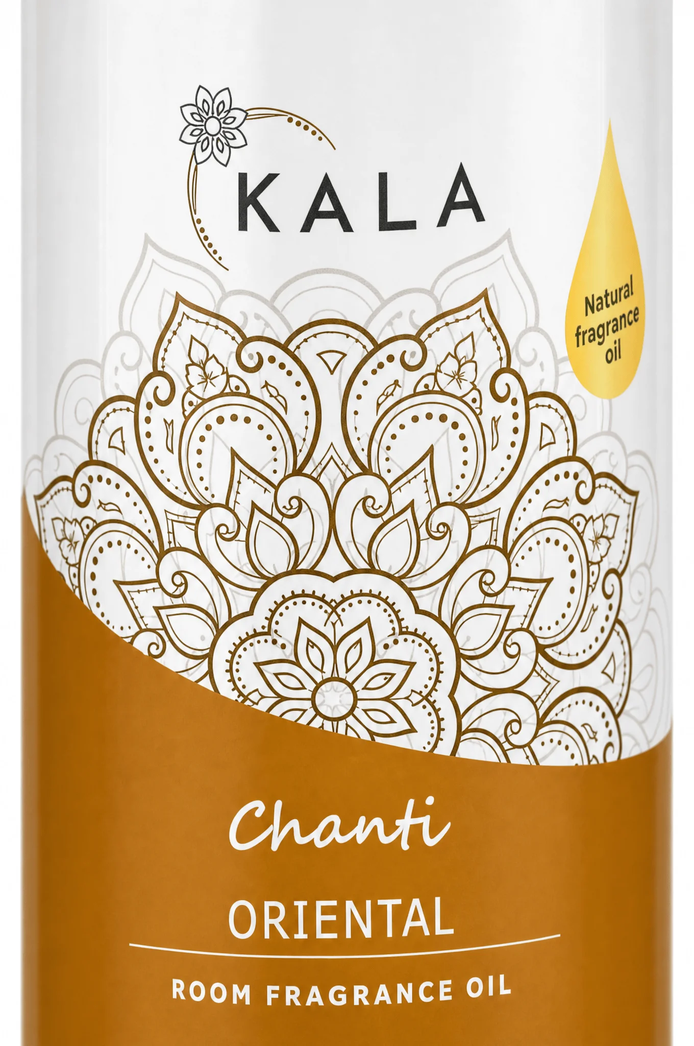 Odświeżacz powietrza KALA Oriental Chanti 250ml, biała butelka z orientalnym wzorem na złoto-brązowej etykiecie.