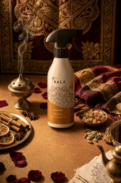 Odświeżacz powietrza KALA Oriental 250ml w sprayu, biała butelka ze złotym detalem na orientalnym tle.