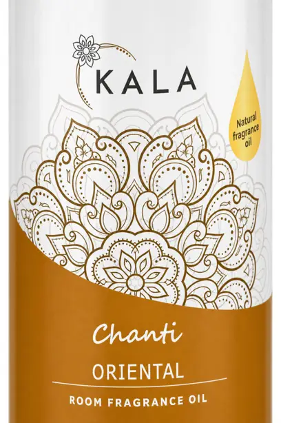 Odświeżacz powietrza KALA Oriental Chanti 250ml, biała butelka z orientalnym wzorem na złoto-brązowej etykiecie.