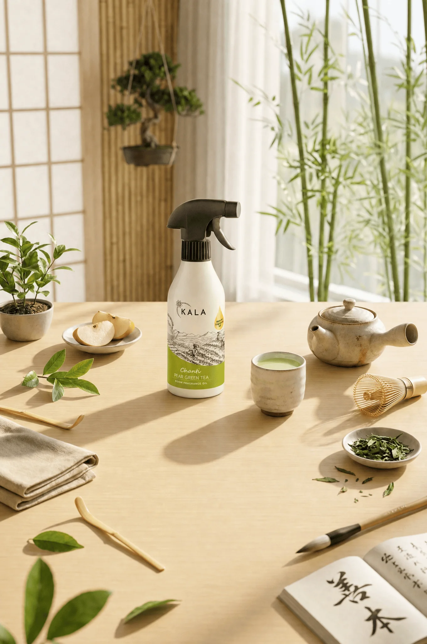 Odświeżacz powietrza KALA Pear Green Tea w aranżacji na drewnianym stole z gruszkami, zieleniną i akcesoriami kuchennymi.