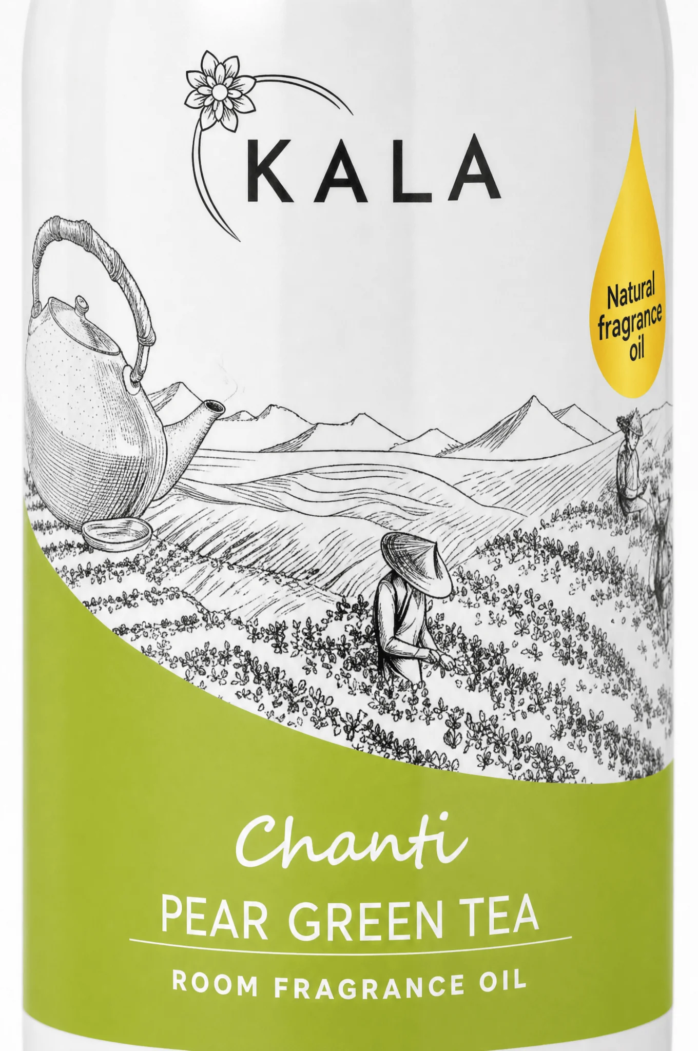 Odświeżacz powietrza KALA Pear Green Tea 250ml, widok boczny butelki ze sprayem na białym tle.