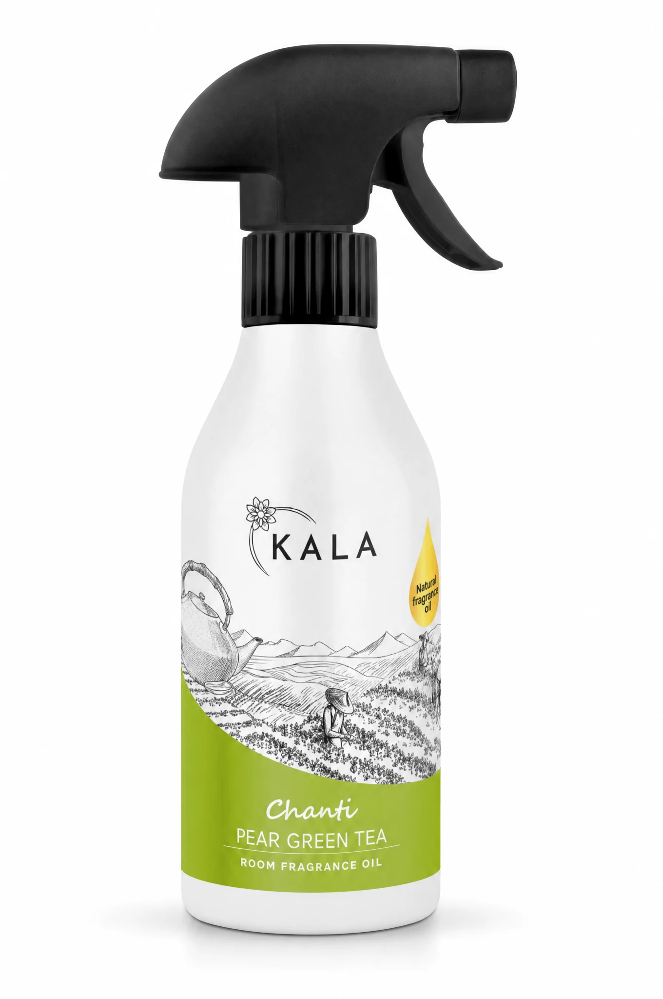 Odświeżacz powietrza KALA Pear Green Tea 250ml w sprayu z etykietą zieloną, na białym tle.