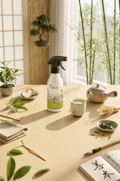 Odświeżacz powietrza KALA Pear Green Tea w aranżacji na drewnianym stole z gruszkami, zieleniną i akcesoriami kuchennymi.