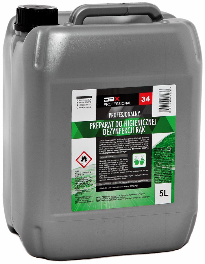 JAX Płyn do dezynfekcji rąk 5L JAX 34 to preparat wirusobójczy, bakteriobójczy, grzybobójczy do higienicznej i chirurgicznej dezynfekcji rąk oraz do dezynfekcji powierzchni kontaktujących i niekontaktujących się z żywnością. ...
