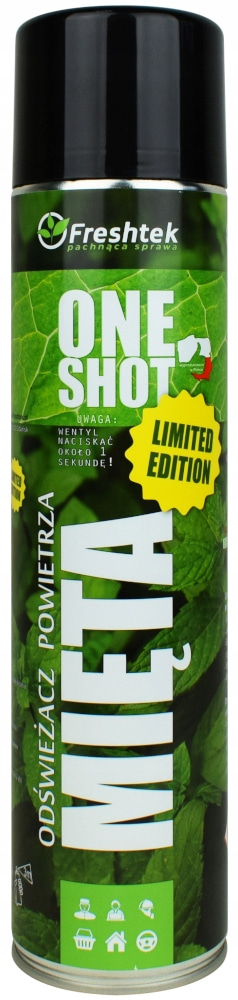 Odświeżacz FRESHTEK MIĘTA 600ml ONE SHOT w aerozolu, butelka z czarną nakrętką na białym tle.