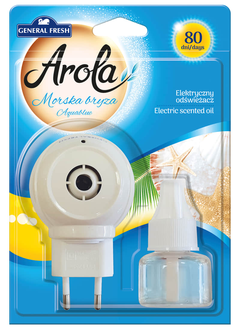 Elektryczny odświeżacz General Fresh Arola morska bryza w opakowaniu z urządzeniem i wkładem 25ml, działanie 80 dni.