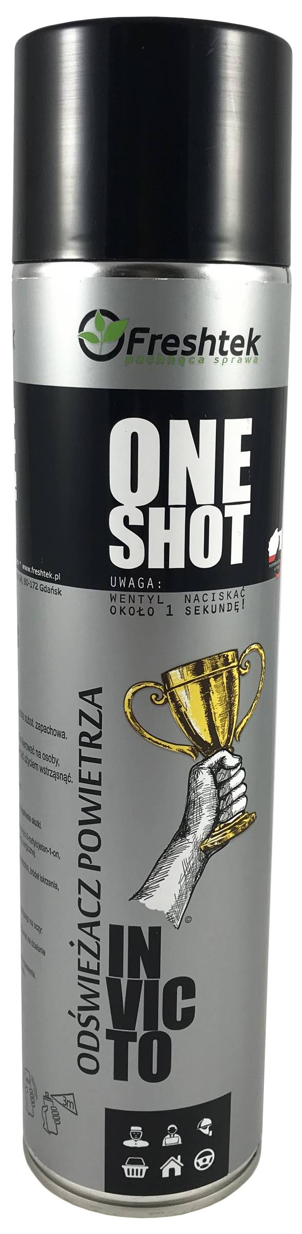 Odświeżacz FRESHTEK INVICTO 600ml ONE SHOT, aerozol do natychmiastowego odświeżania powietrza.