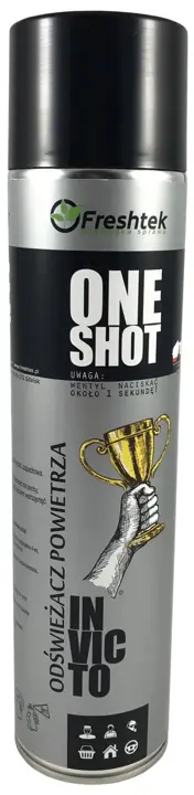 Odświeżacz FRESHTEK INVICTO 600ml ONE SHOT Silnie skoncentrowany odświeżacz powietrza w aerozolu. Określenie "One Shot" oznacza, iż wystarczy jedno przyciśnięcie "spustu", aby świeży zapach rozszedł się po całym pomieszczeniu. Jedno około 1 sekundowe naciśnięcie wentyla wystarcza aby odświeżyć ...