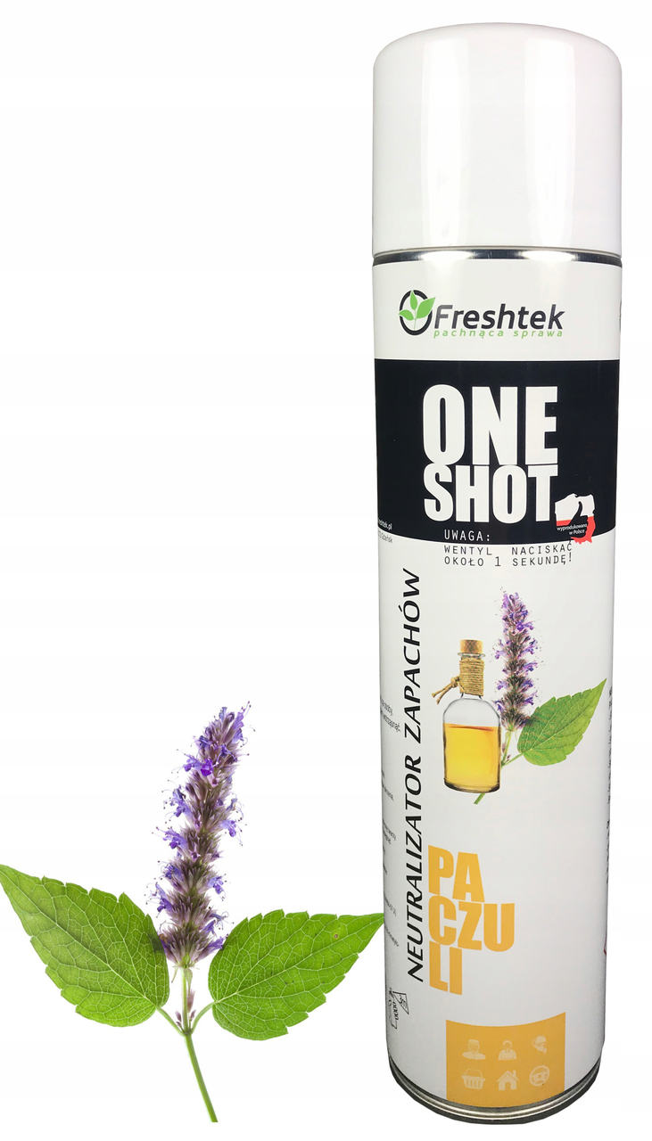 Odświeżacz Freshtek One Shot Paczuli 600ml w aerozolu na białym tle z gałązką lawendy.