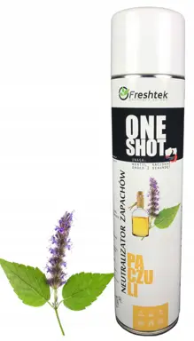 Odświeżacz Freshtek One Shot Paczuli 600ml w aerozolu na białym tle z gałązką lawendy.