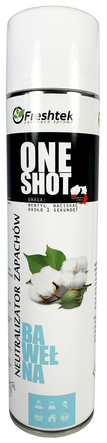 Odświeżacz Freshtek One Shot bawełna 600ml aerozol neutralizator zapachów.