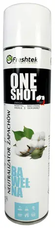 Aerozol Freshtek One Shot 600ml neutralizator zapachów bawełna na białym tle, widok frontu opakowania.