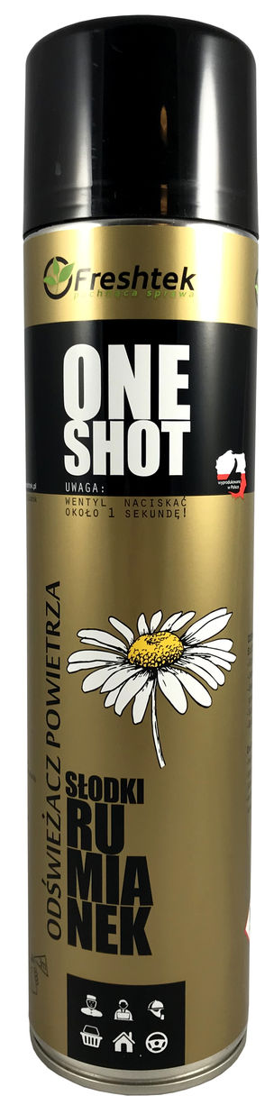 Silnie skoncentrowany odświeżacz powietrza w aerozolu. Określenie "One Shot" oznacza, iż wystarczy jedno przyciśnięcie "spustu", aby świeży zapach rozszedł się po całym pomieszczeniu. Jedno około 1 sekundowe naciśnięcie wentyla wystarcza aby odświeżyć ...