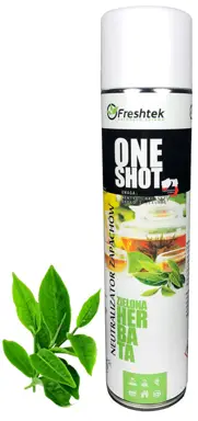 Odświeżacz Freshtek One Shot zielona herbata aerozol 600ml z liśćmi na białym tle.