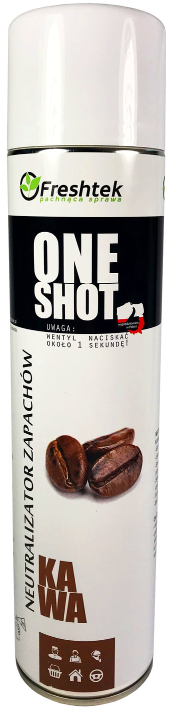 Odświeżacz Freshtek One Shot Kawa 600ml w aerozolu na białym tle.