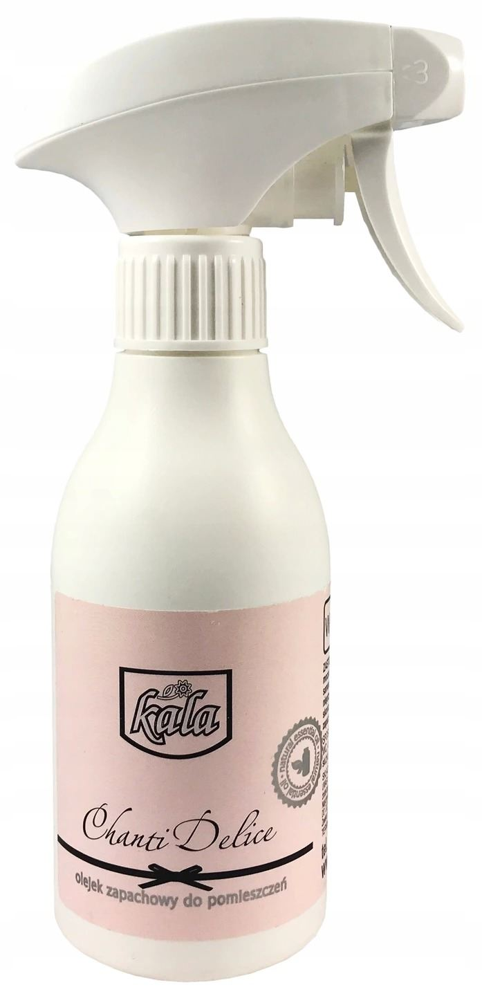 Odświeżacz KALA Chanti Delice 250 ml olejek zapachowy w butelce ze spryskiwaczem, opakowanie różowe.