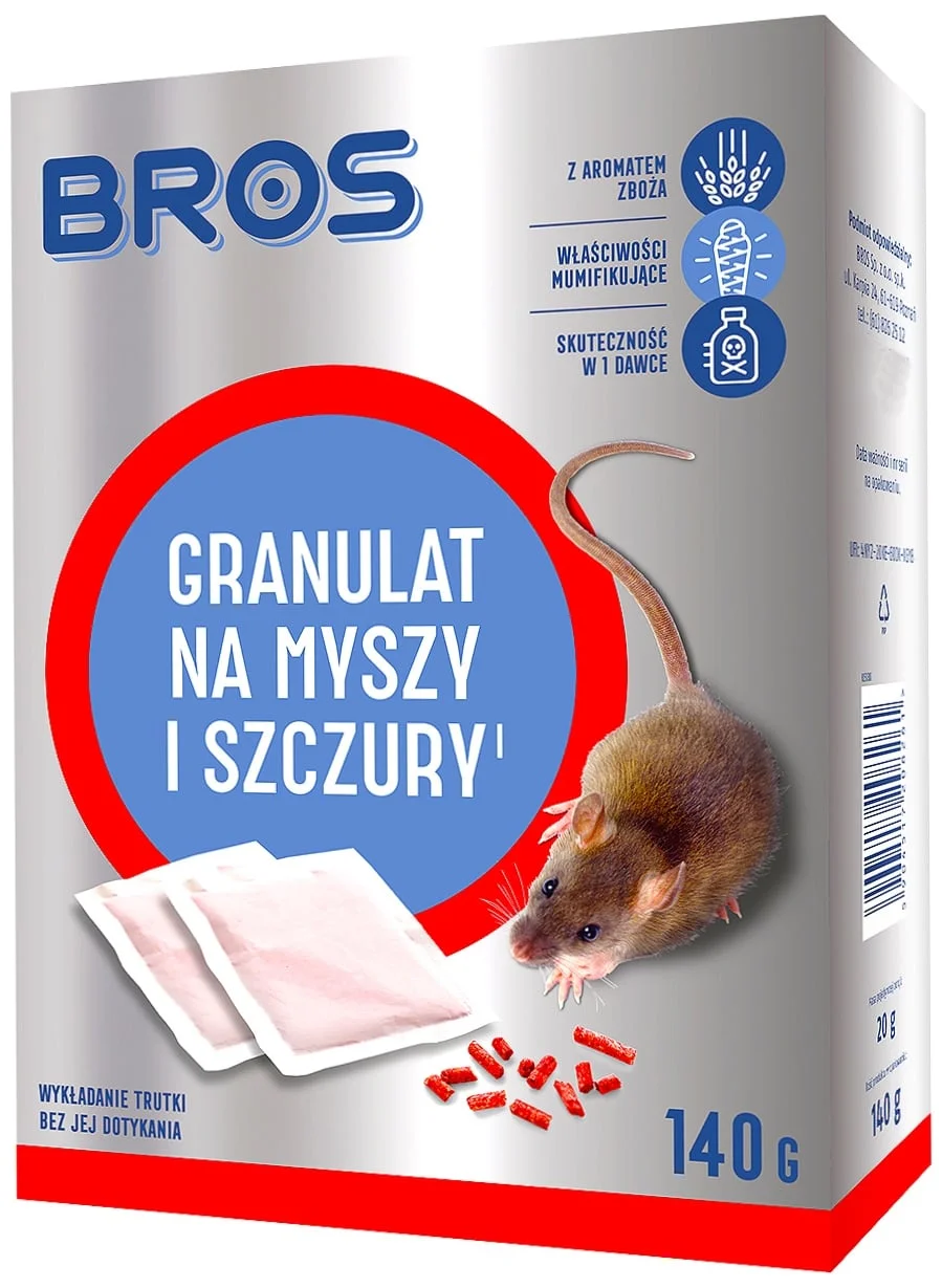 BROS granulat na myszy i szczury 140g w saszetkach, opakowanie z widocznym szczurem i otwartymi saszetkami.