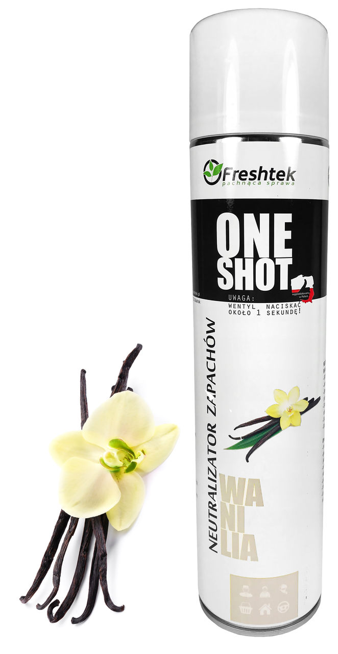 Odświeżacz FRESHTEK ONE SHOT wanilia 600ml w aerozolu z rozpylaczem.