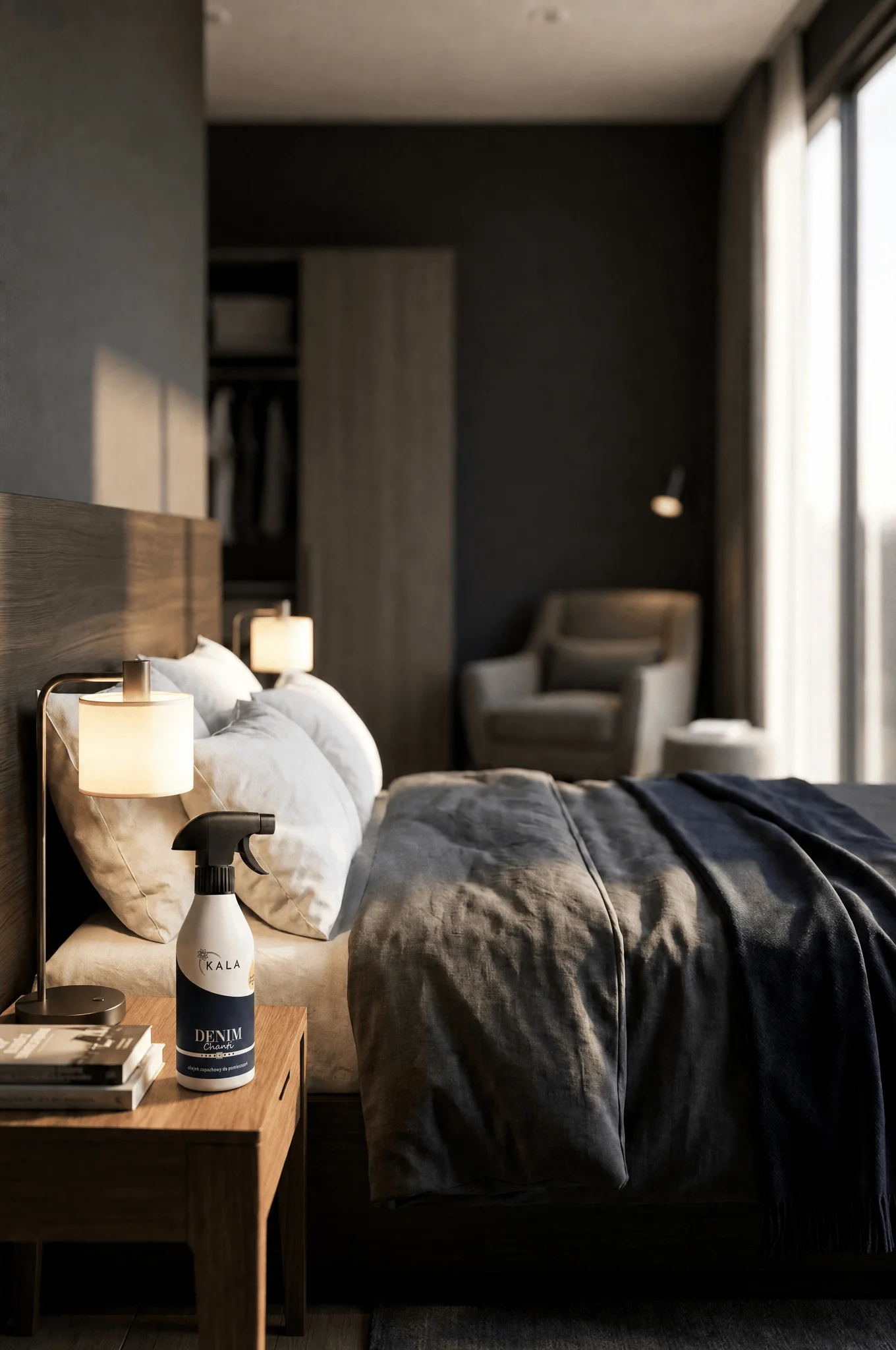 Odświeżacz powietrza KALA Denim 250ml w sprayu na nocnym stoliku w sypialni, opakowanie białe z granatowymi akcentami.