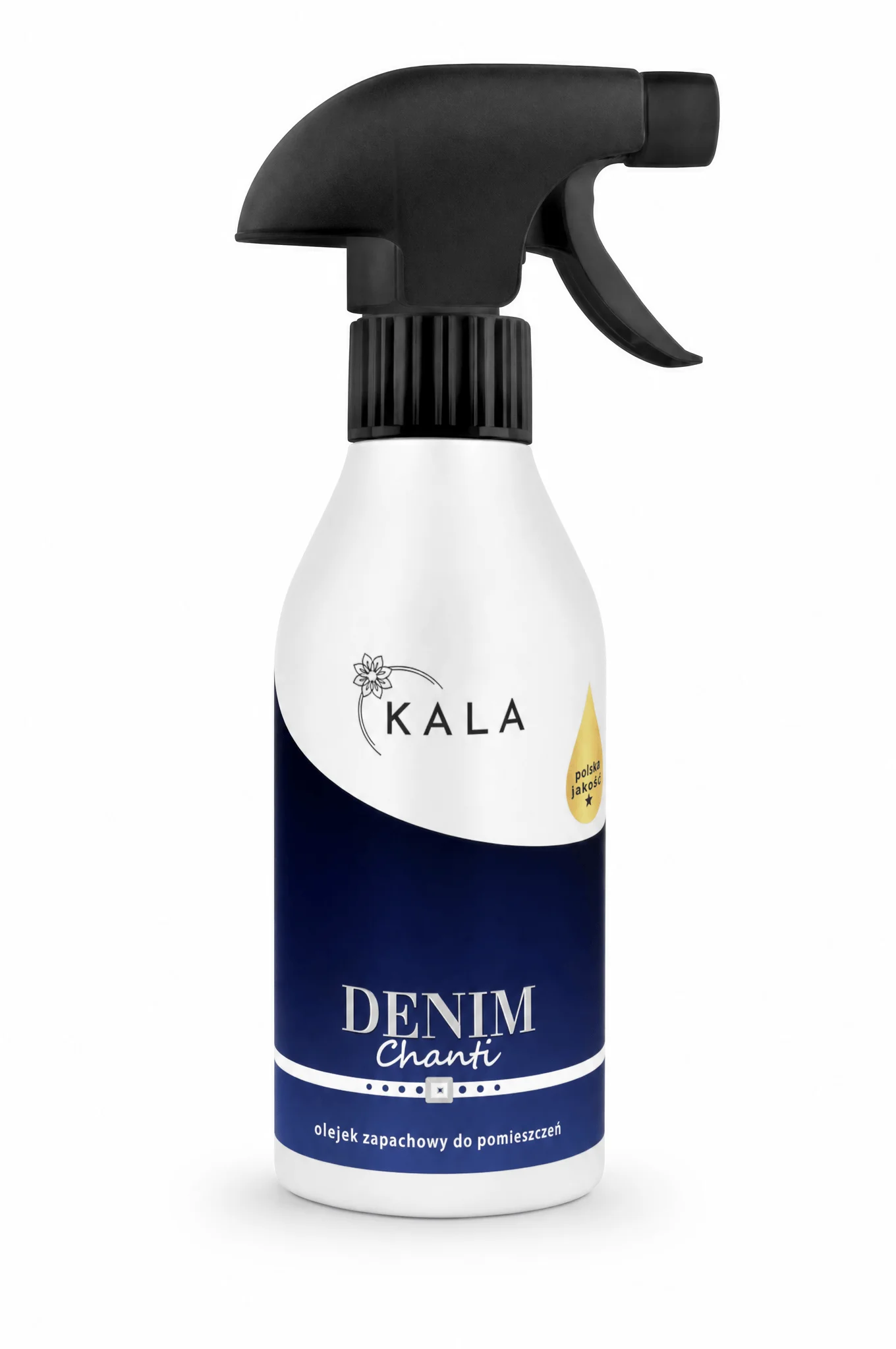 Odświeżacz powietrza KALA Denim Chanti 250ml w sprayu o zapachu denim z białym i granatowym opakowaniem.