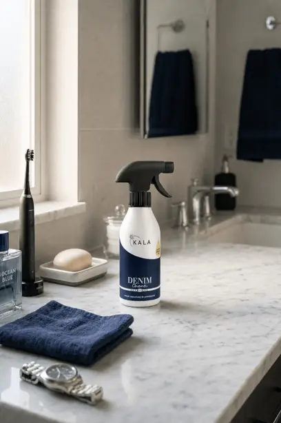 Odświeżacz powietrza KALA Denim Chanti 250ml w sprayu o białym i granatowym opakowaniu na marmurowym blacie łazienkowym.