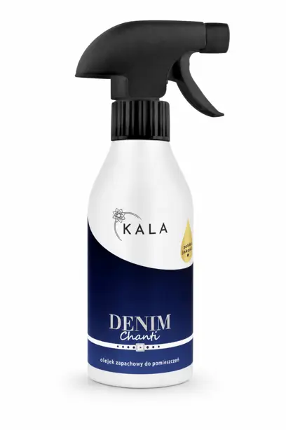 Odświeżacz powietrza KALA Denim Chanti 250ml w sprayu o zapachu denim z białym i granatowym opakowaniem.