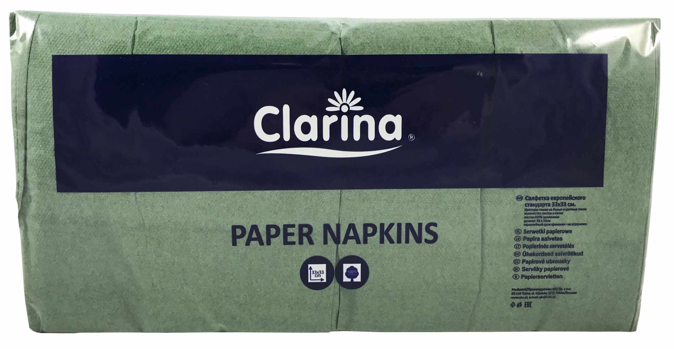 Serwetki papierowe Clarina 33x33 cm zielone 500 szt, opakowanie zbiorczego.